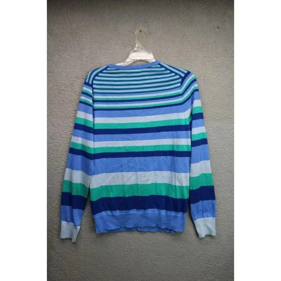 Land's End Women's Blue and Green Striped Sweater-100% Supima Cotton-Medium/T - Picture 6 of 7
